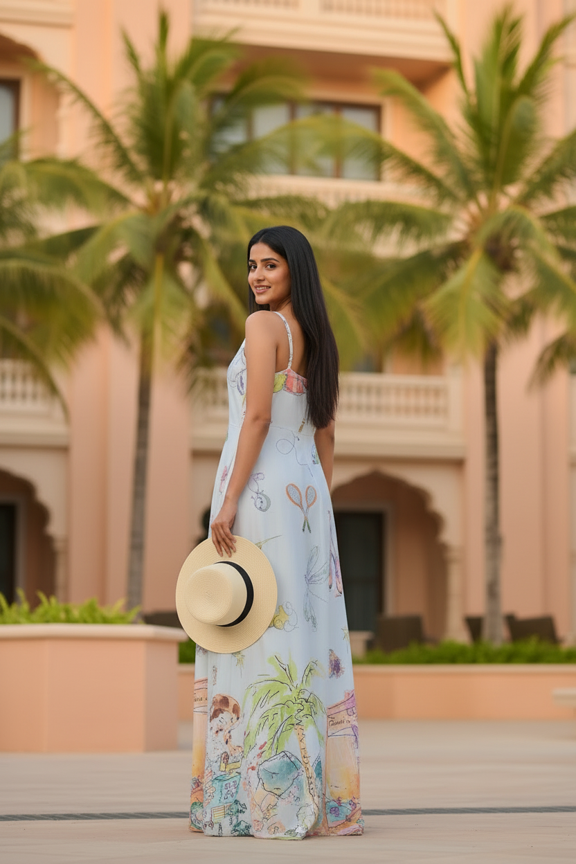 Woman in a floral dress holding a hat with palm trees and a building in the background