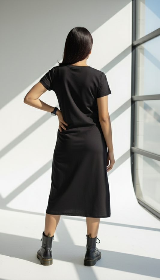 Black cotton blend midi dress for women with rolled sleeves and sparkle detail