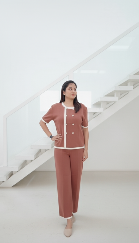 Back image of Woman wearing Brown knit co-ord set with pearl-button front top and white trim, paired with matching straight-fit pants, posing indoors beside a keyboard.