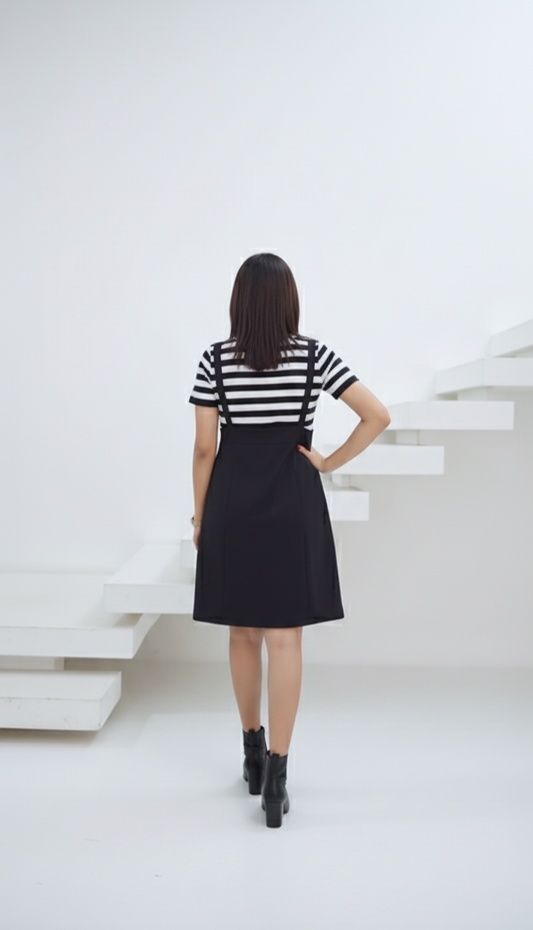 "Back view of black suspender skirt and striped t-shirt co-ord set for women, styled with black ankle boots."