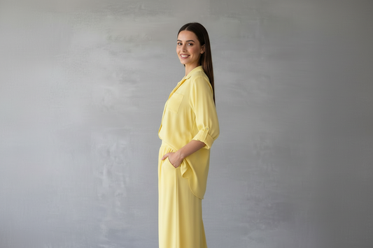 Woman wearing a yellow outfit against a gray background
