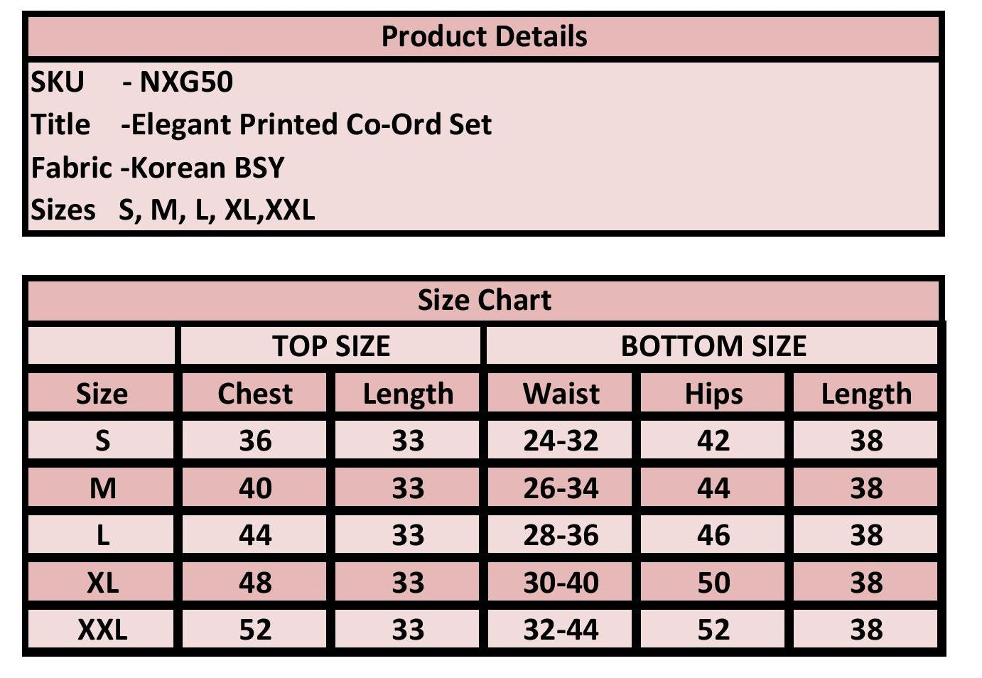 Product details and size chart for an elegant printed co-ord set with fabric information and size measurements.