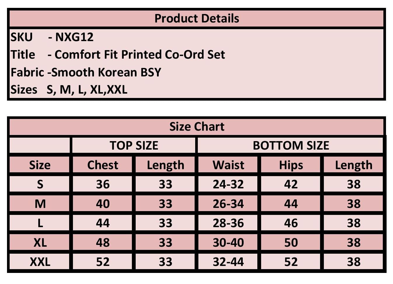 Product details and size chart for a comfort fit printed co-ord set on a pink background