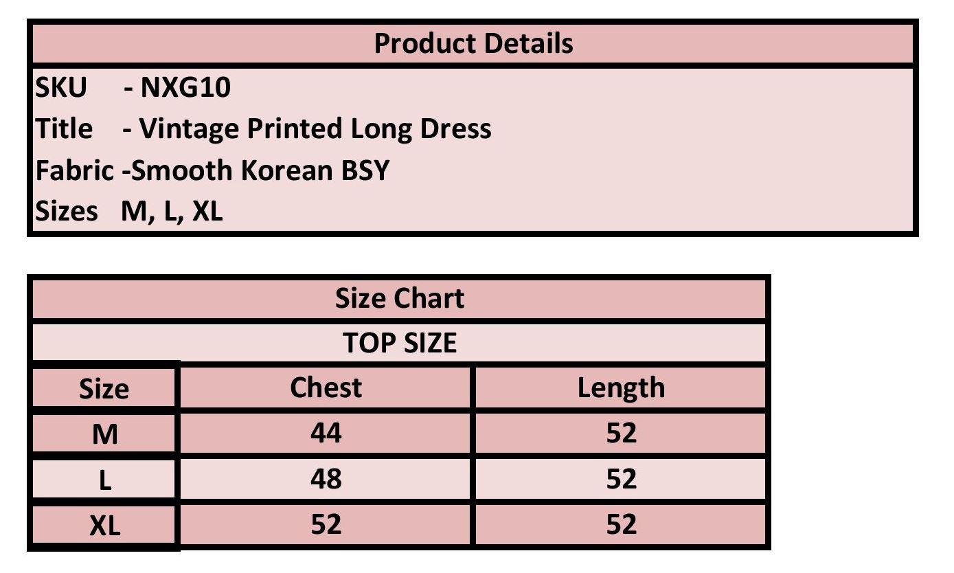 Product details and size chart for a vintage printed long dress on a pink background