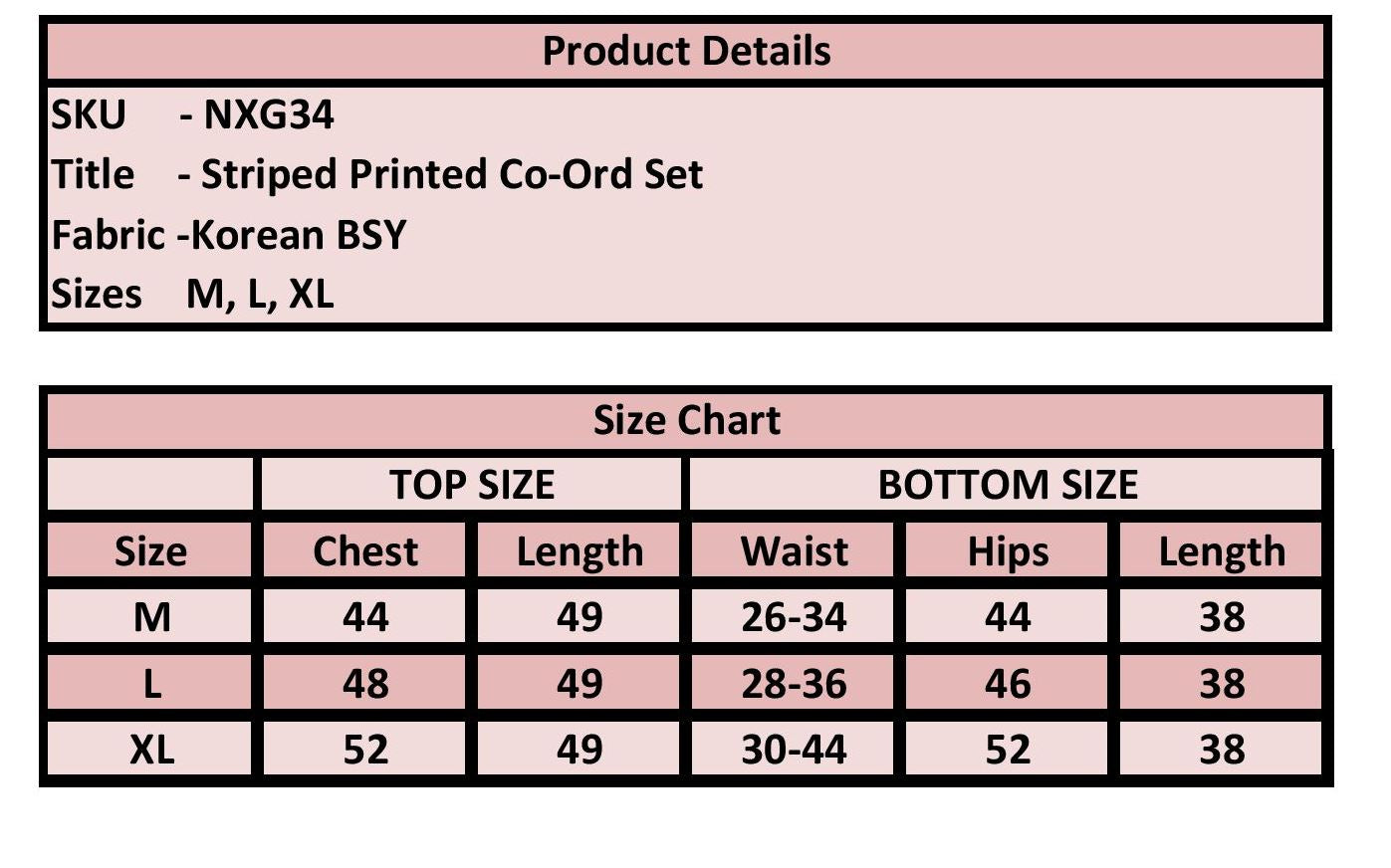 Product details and size chart for a striped printed co-ord set with fabric 'Korean BSY'.