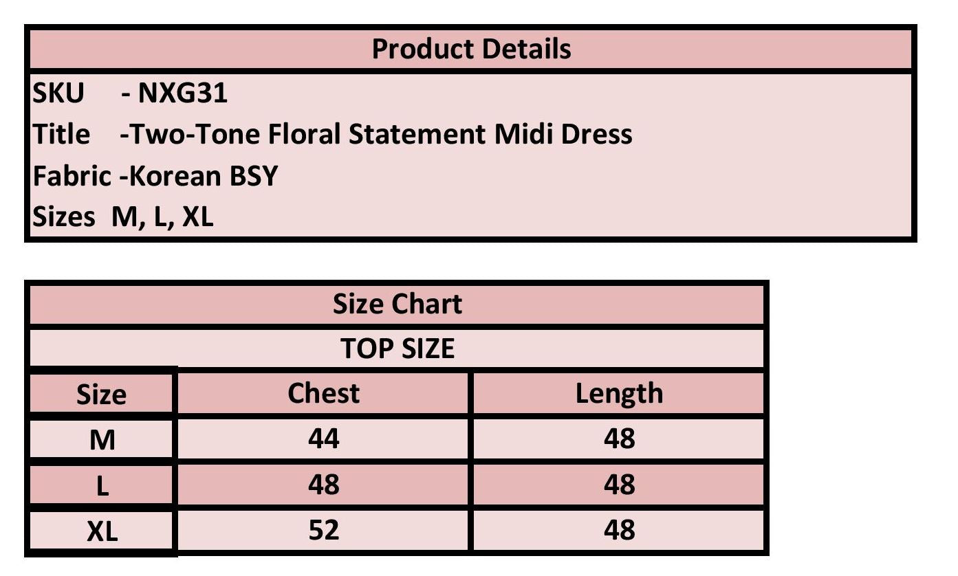 A size chart and product details table for a Korean BSY two-tone floral statement midi dress, showing sizes M, L, and XL with chest and length measurements.