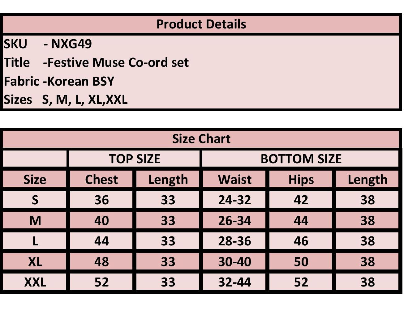 A product details and size chart table for a 'Festive Muse Co-ord set' in Korean BSY fabric, showing sizes S through XXL with chest, length, waist, hips, and length measurements.