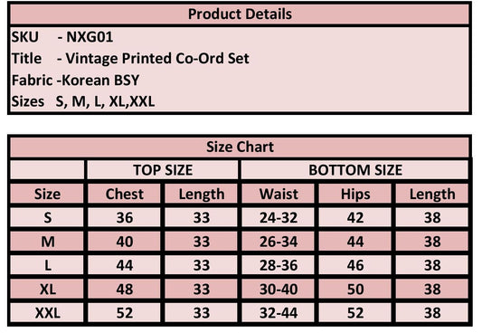 Product details and size chart for a vintage printed co-ord set with fabric information and size measurements.