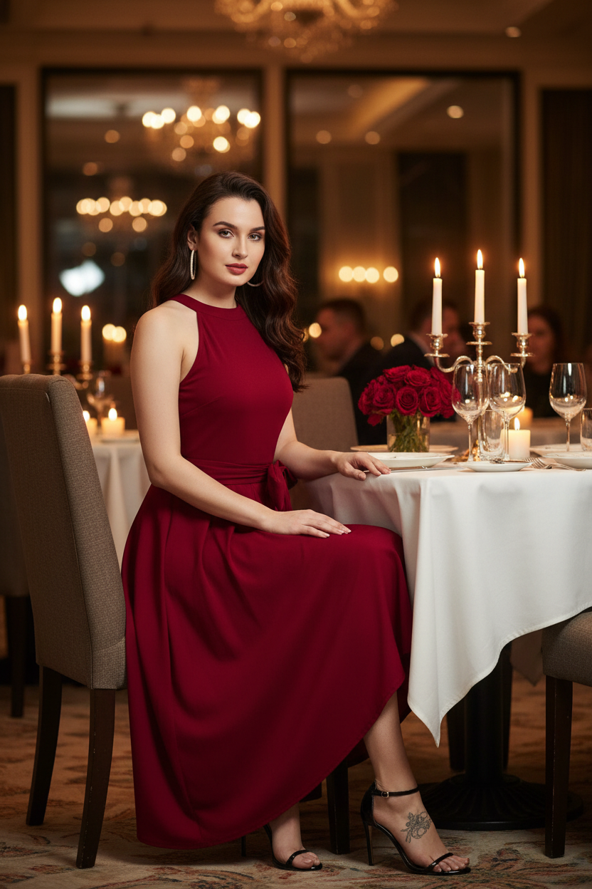 Stylish maroon halter neck dress with waist tie for women