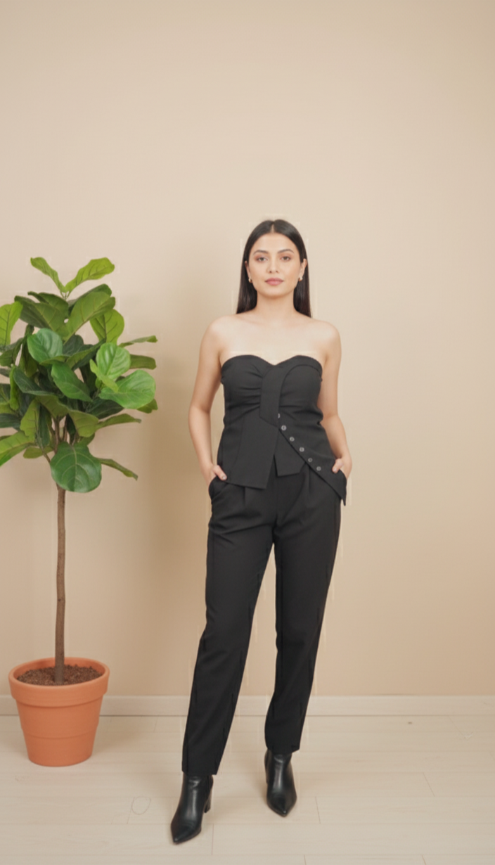 Front view of black strapless bow top and wide-leg pants co-ord set for women.