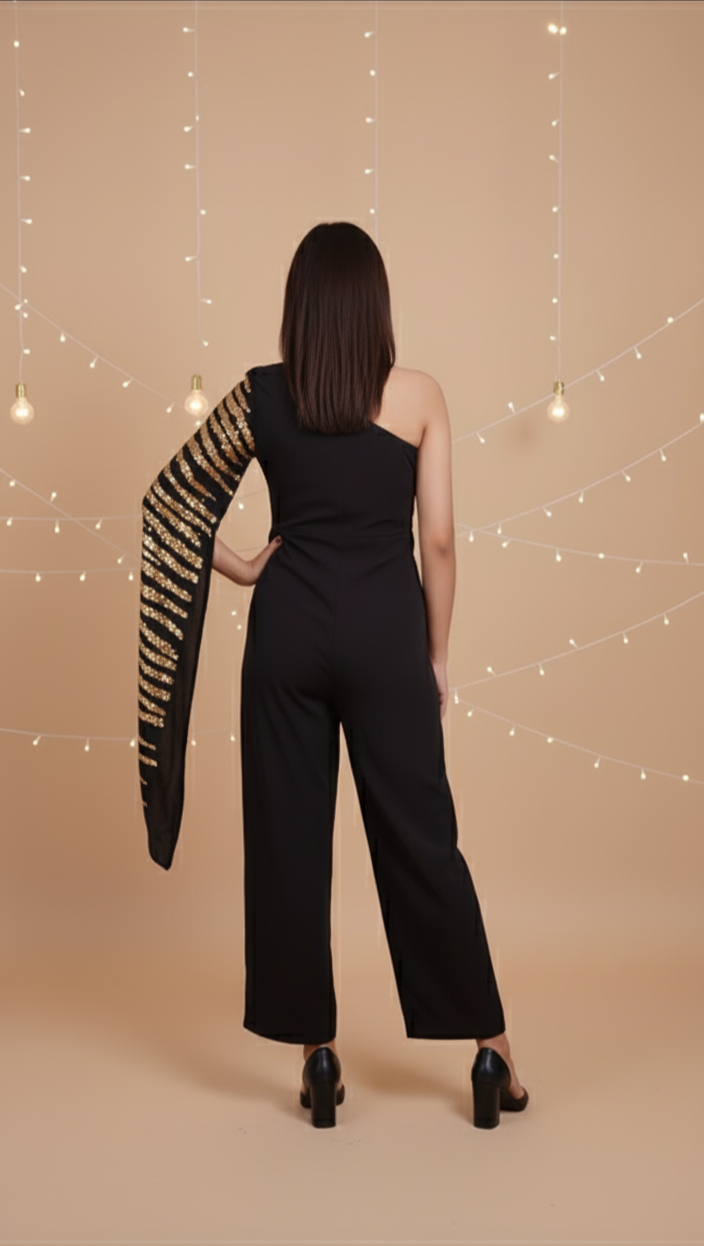 Model posing in hot pink embellished jumpsuit with cape-style drape and wide-leg silhouette, diwali dress, festival dress.