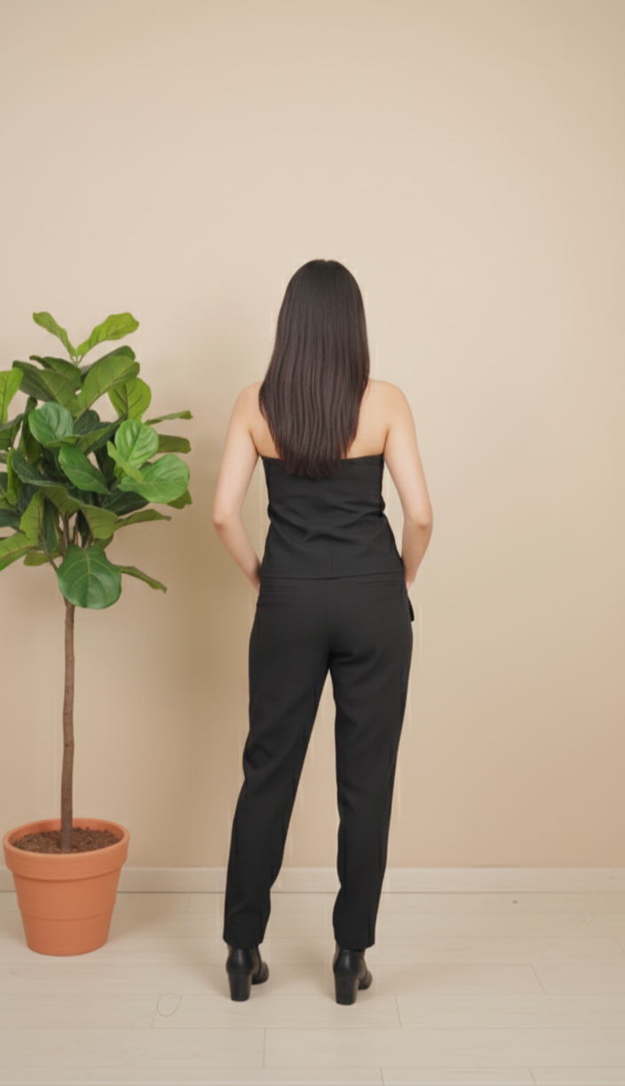 Model wearing black strapless co-ord set with bow detail top and wide-leg trousers – elegant party wear look.