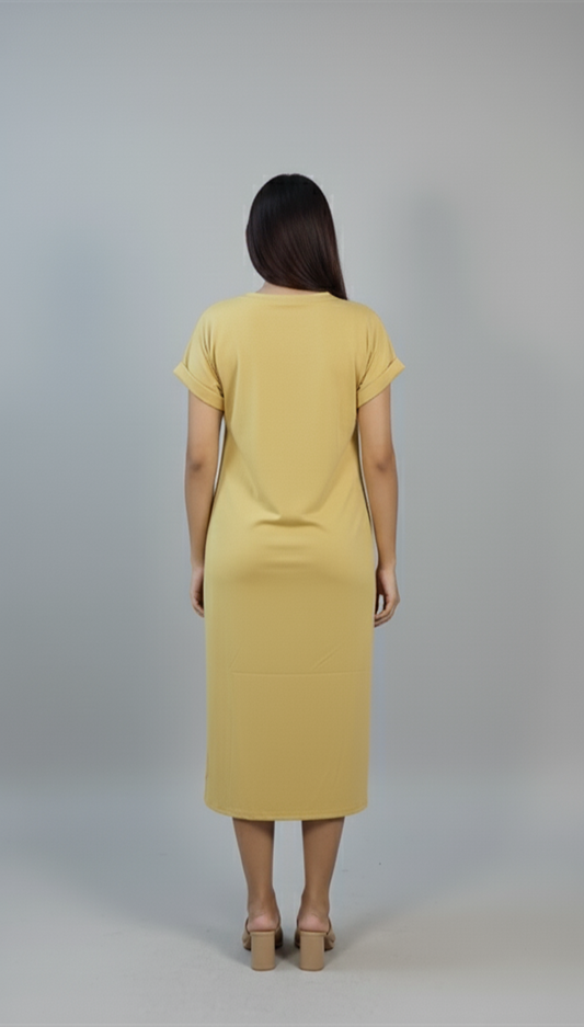 Mustard yellow cotton blend midi dress with front shimmer detail and side slit