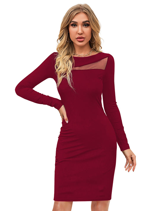 Maroon bodycon dress for women with full sleeves, knee-length stretchable knitted fabric