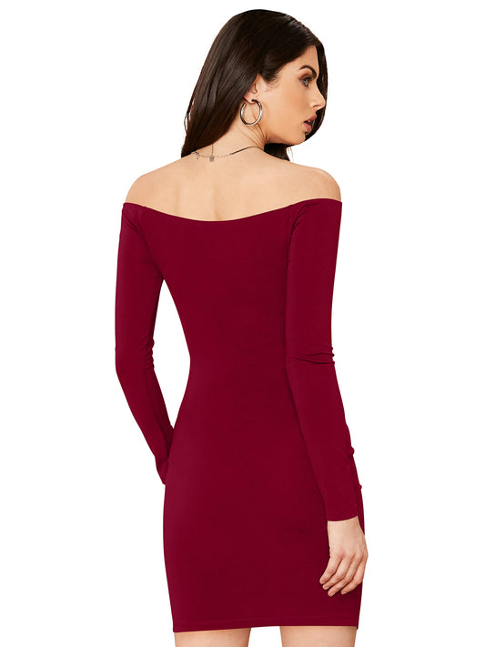 Back view of maroon bodycon dress for women showing solid design and curve-hugging fit