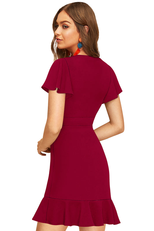 Back view of maroon bodycon dress for women showing fitted silhouette and solid design