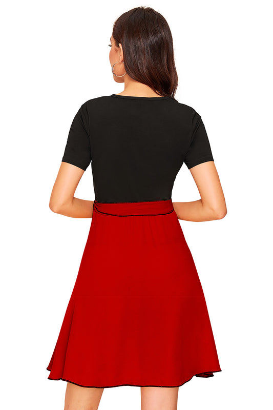Back view of red fit and flare dress for women with round neckline and flared silhouette