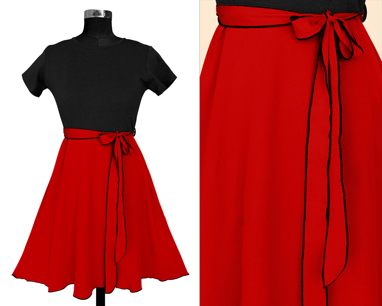 Close-up of red fit and flare dress fabric with waist tie detail and soft stretchable knitting material