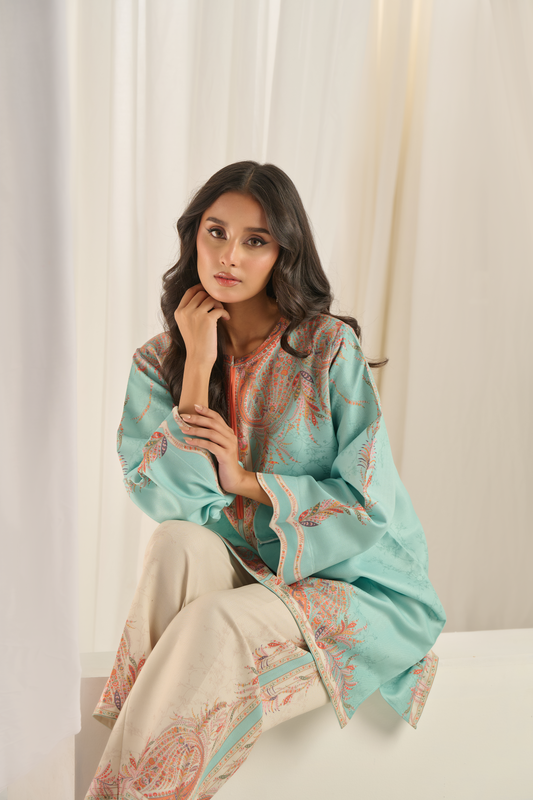 "PoshBella Minimal Printed Elegant Co-ord Set size chart with linan fabric details and measurements for top and bottom in sizes S to XXL."