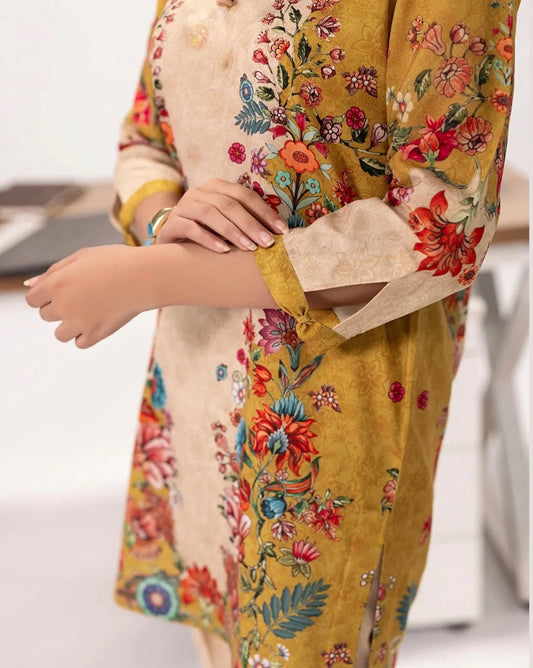 “Model wearing minimal printed elegant co-ord set in mustard floral print, perfect for festive gatherings, office wear and wedding season styling.”