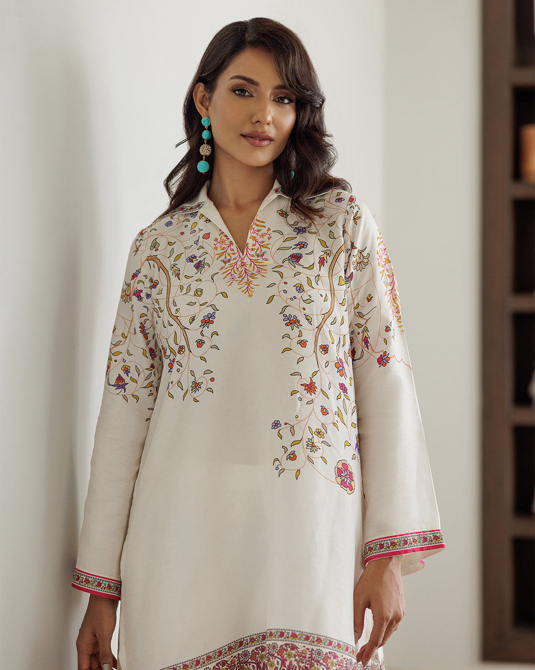 “Close-up of PoshBella printed kurta top, stylish festive wedding collection look for bridesmaids, haldi and sangeet celebrations.”
