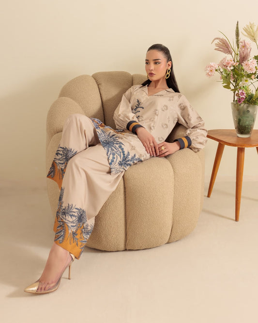 elegant printed co ord set, Korean BSY co ord set, premium co ord set for women, printed co ord set for women, beige co ord set, floral co ord set, botanical print co ord set, wide leg co ord set, Korean fabric co ord set, stylish western wear for women, office wear co ord set, smart casual outfit for women, brunch outfit for women, elegant office outfit, comfortable co ord set, relaxed fit co ord set, women's matching set, printed matching outfit, travel outfit for women, kitty party outfit, lunch date out