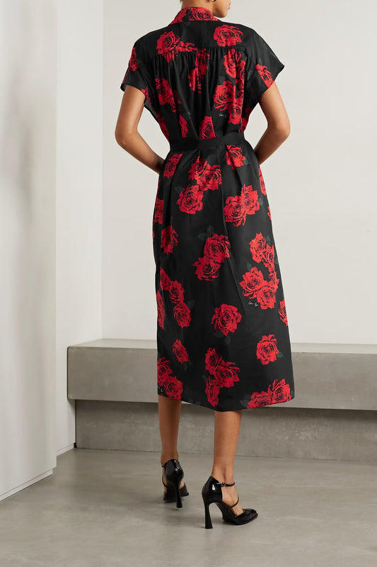 Rayon cotton black floral dress with waist belt perfect for casual and brunch wear