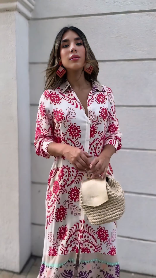 POSHBELLA floral satin long dress with relaxed fit for brunch and casual wear