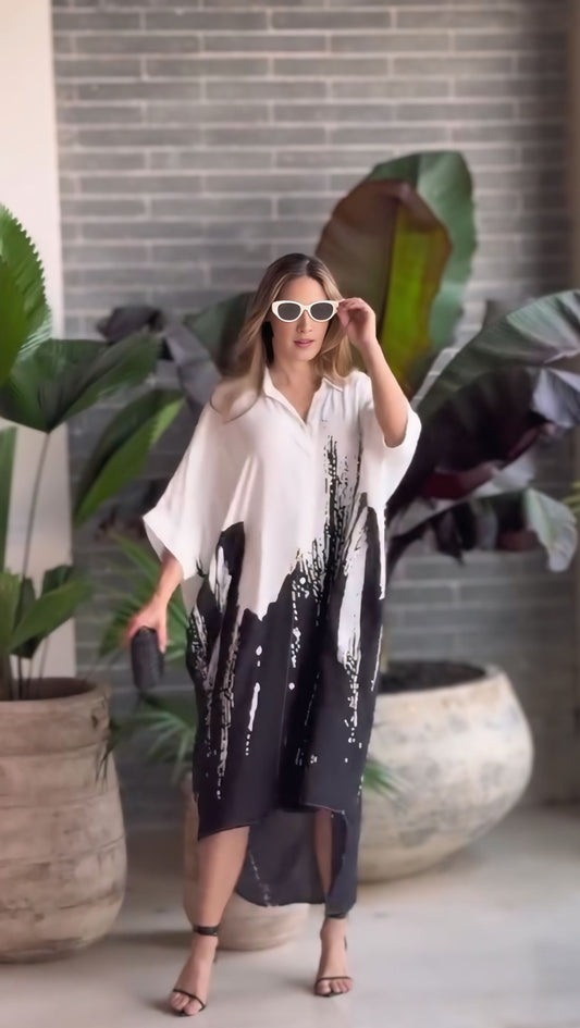 black and white kaftan dress, abstract print dress for women, Korean BSY dress, kaftan style dress, free size dress for women, black and white maxi dress, relaxed fit dress, printed kaftan for women, stylish western dress, resort wear for women, vacation dress for women, elegant casual dress, plus size kaftan style, women’s dresses online India, PoshBella dresses