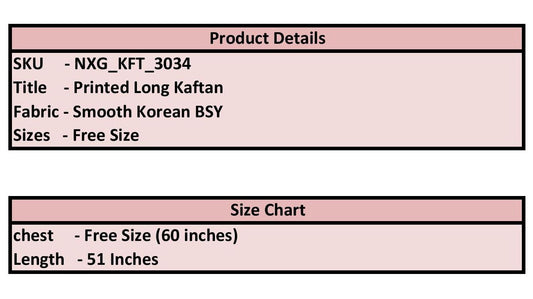 Product details and size chart for a printed long kaftan with fabric information.