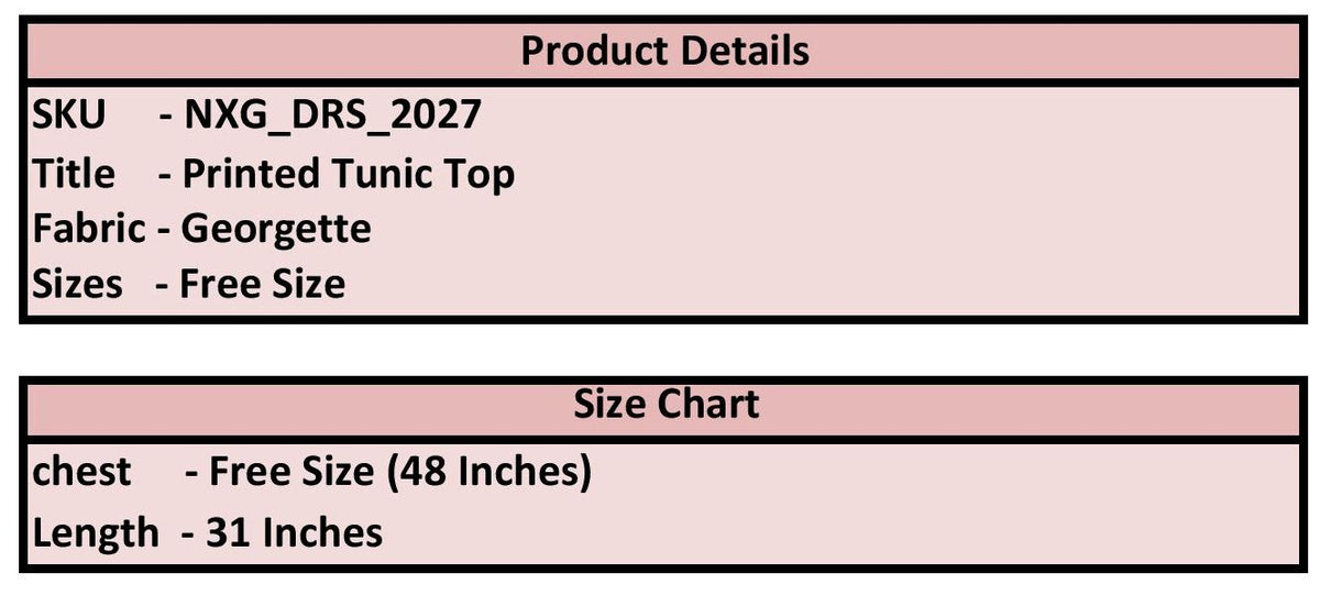 Product details of a printed tunic top with fabric type, sizes, and measurements.