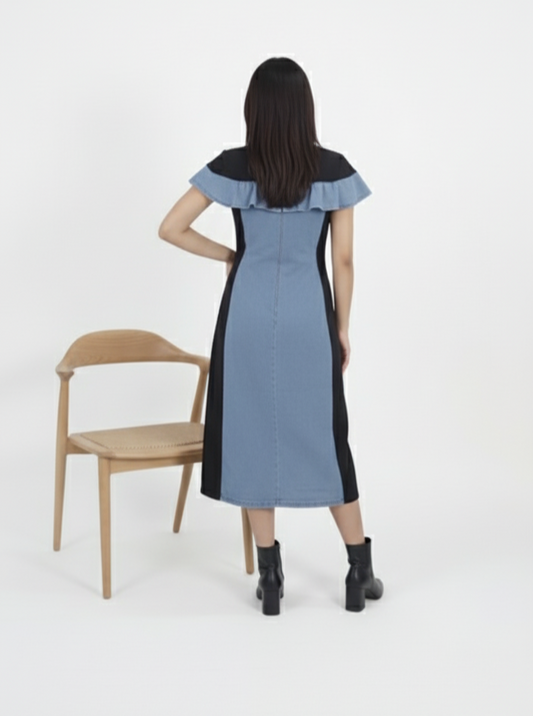 Trendy women’s denim midi dress featuring contrast black side panels and flared fit.