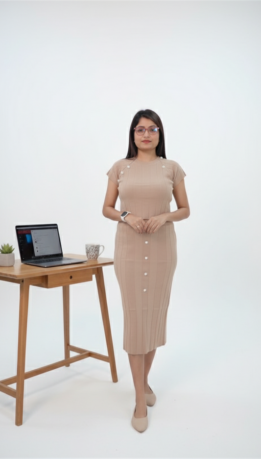 Woman in a beige dress standing next to a wooden desk with a laptop on a white background