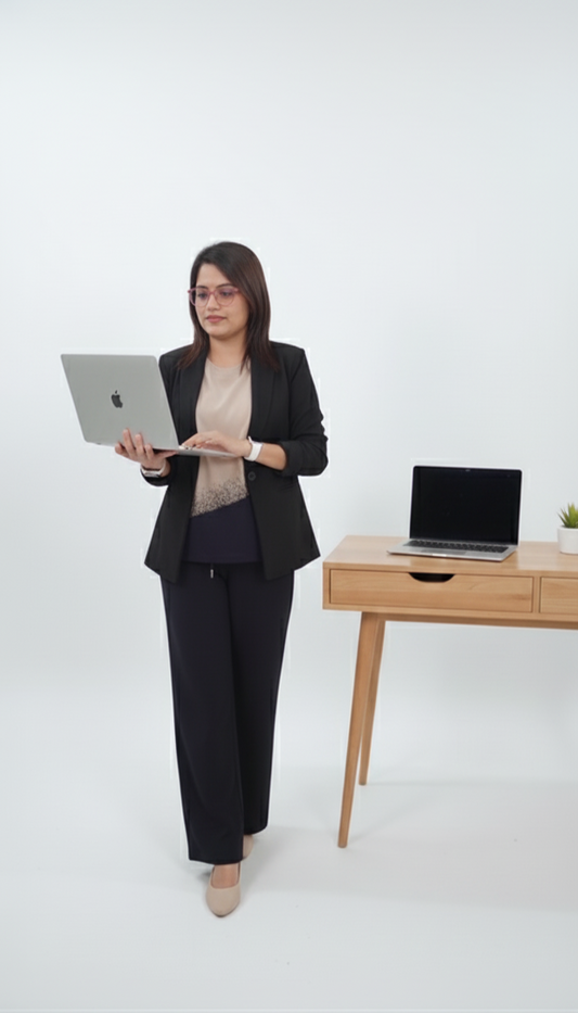 Woman in a black suit holding a laptop next to a wooden desk with another laptop on a white background