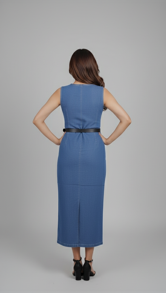 Woman wearing a Denim blue dress with a black belt on a gray background