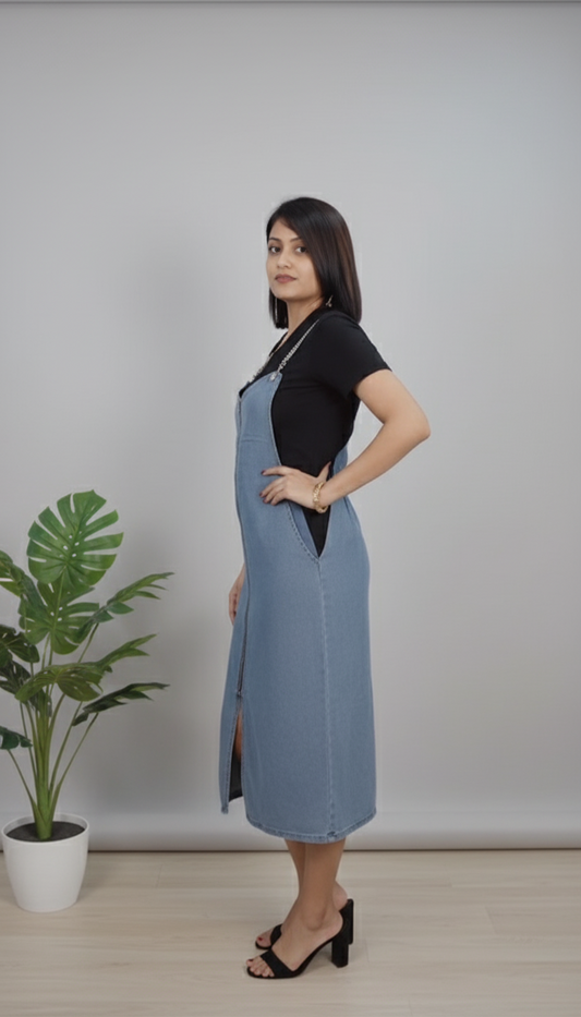 Woman wearing a black top attached with dress and light blue denim dress standing indoors with a plant in the background,korean dress
