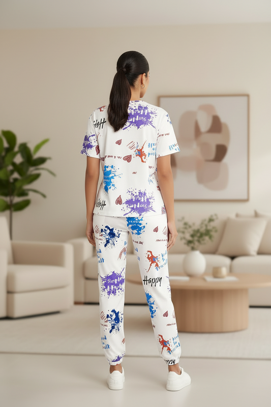 Person wearing a colorful outfit with text in a living room