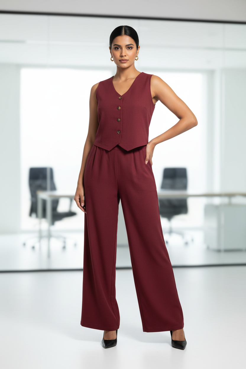Woman wearing a burgundy vest and wide-leg pants in an office setting