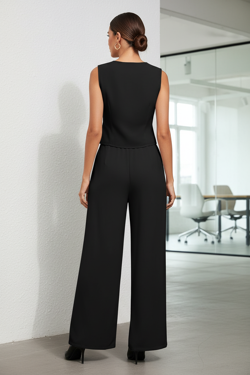 Woman in black sleeveless top and wide-leg pants with a straw hat and bag against a white wall.