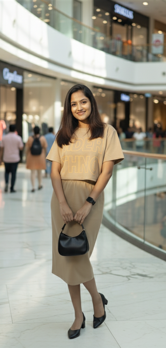Woman in a beige dress holding a black handbag in a shopping mall.