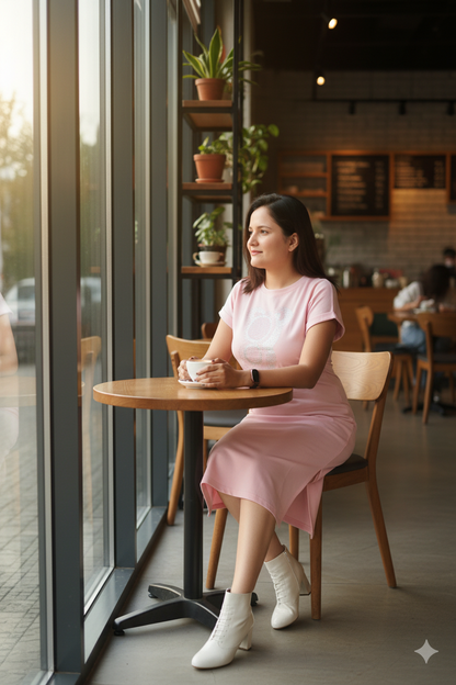 Woman in a pink dress sitting at a table in a cafe.