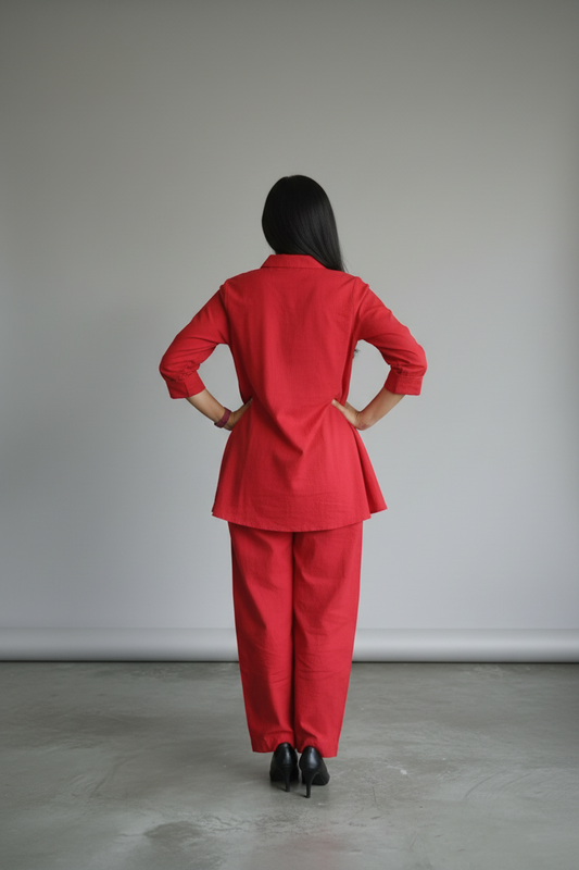 red cotton co ord set for women, women's cotton co ord set, office wear co ord set, premium cotton co ord set, collared shirt co ord set, women's western co ord set, casual cotton co ord set, smart casual outfit for women, breathable cotton matching set, stylish red co ord set