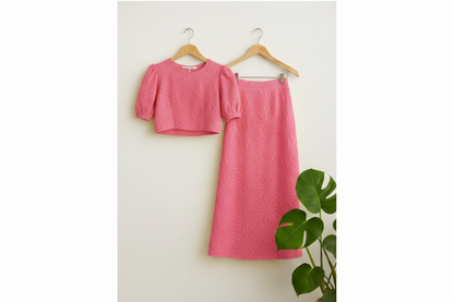 Pink outfit with top and skirt on hangers against a white wall with a plant in the corner.