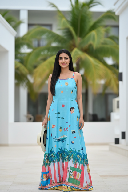 Woman in a colorful dress standing in front of palm trees