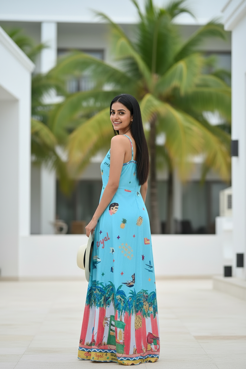 Woman in a colorful dress standing in front of a building with palm trees.