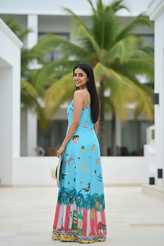 Woman in a colorful dress standing in front of a building with palm trees.