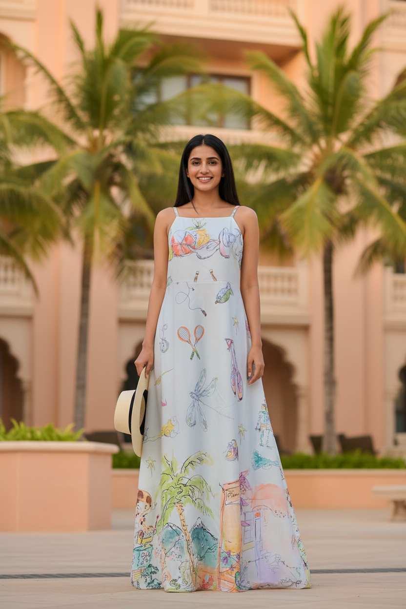 Woman in a floral dress standing in front of palm trees and a building.