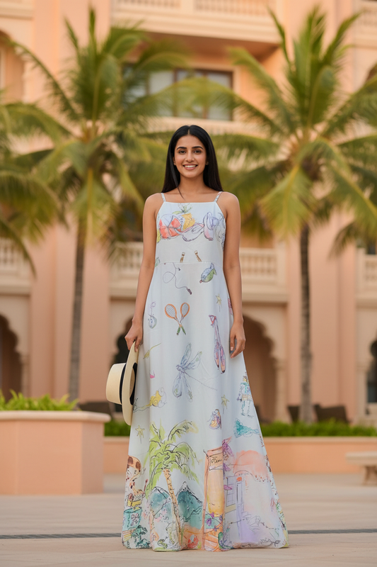 Woman in a floral dress standing in front of palm trees and a building.