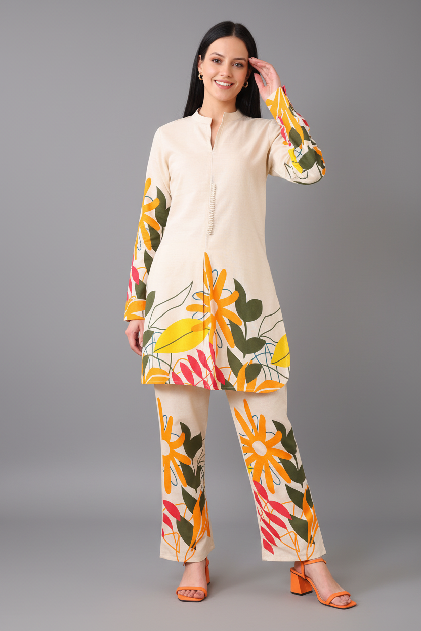 Woman wearing a colorful outfit with floral patterns on a gray background