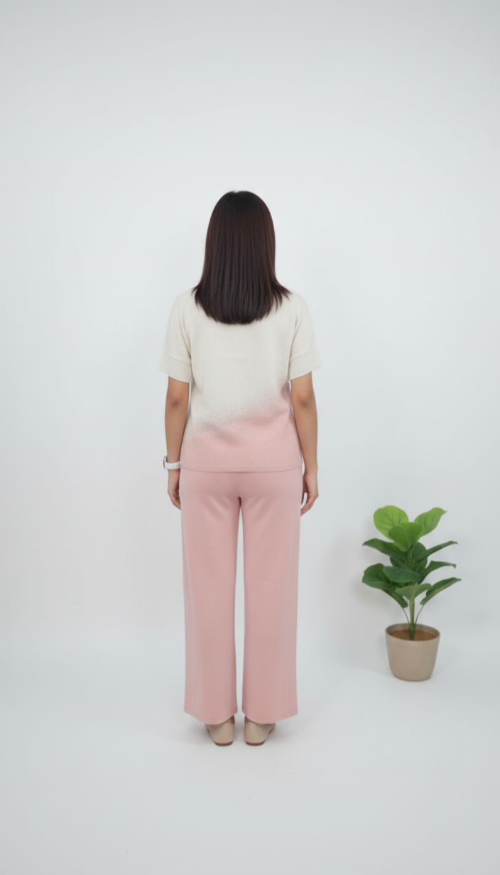 Back view of blush ombre knit co-ord set – comfortable and chic outfit for women